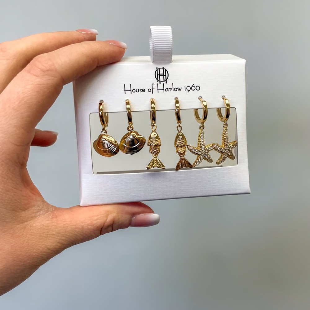 House of Harlow 1960 Gold Sea Life Earrings Trio